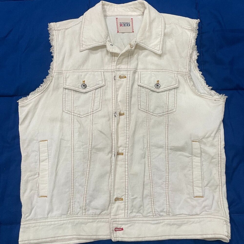 Vintage Red Cream Corduroy Vest - Size Large - Sleeveless